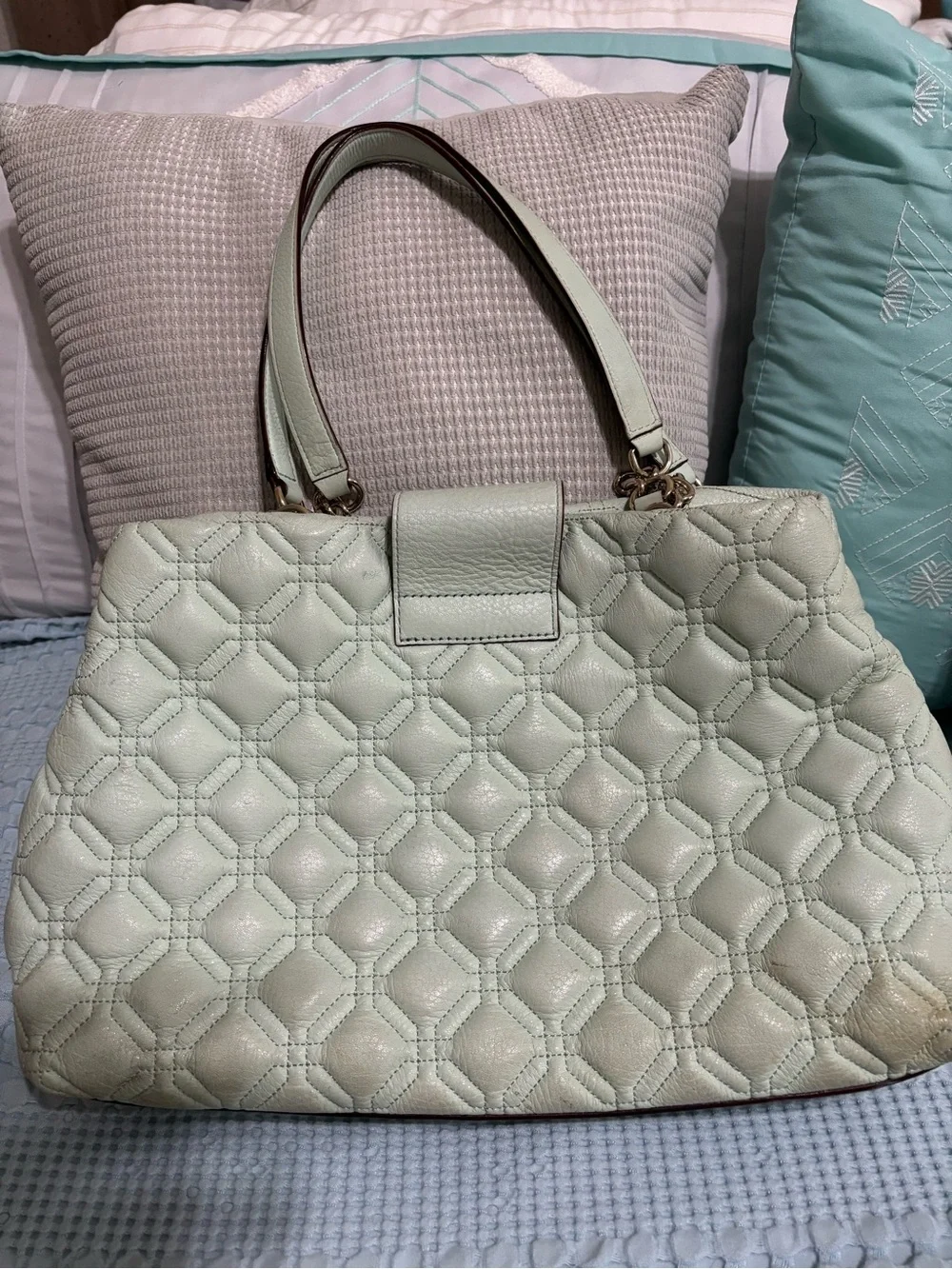 Kate Spade Quilted Mint Green Leather Tote with Turn-Lock